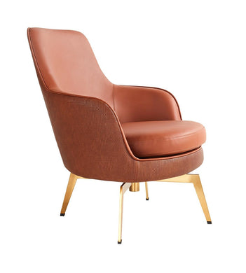 Umbra armchair upholstered with eco-leather in a shade of brown, cognac type. Decorations of the upholstery with a characteristic pattern and a gold-colored base will make any interior wrapped in a modern design. The cushion on the seat, apart from the comfort of sitting, is also a decorative element.